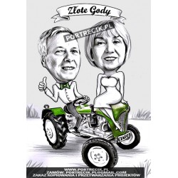 karykatura pary na traktorze ciapek na złote gody
