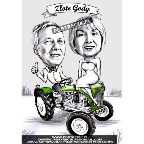 karykatura pary na traktorze ciapek na złote gody
