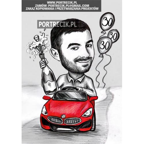 Karykatura mężczyzny w czerwonym kabriolecie BMW na urodziny