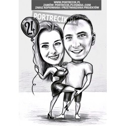 karykatura pary z podniesioną nóżką i balonem