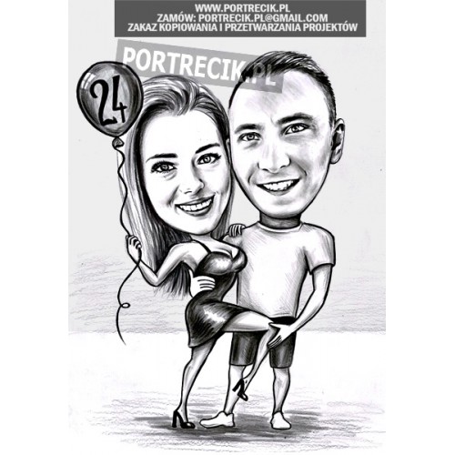 karykatura pary z podniesioną nóżką i balonem