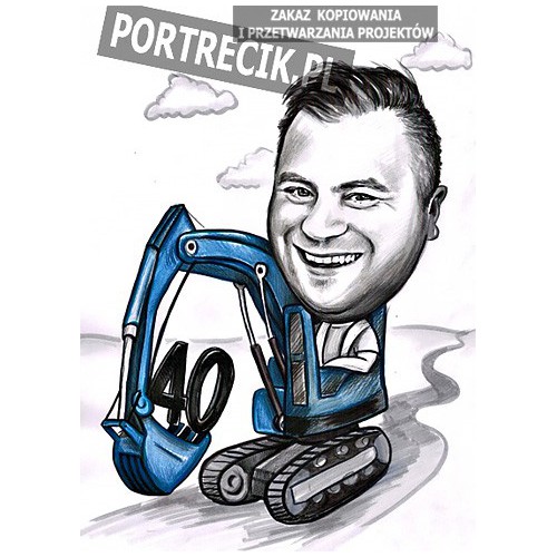 Karykatura operatora koparki na czterdziestkę