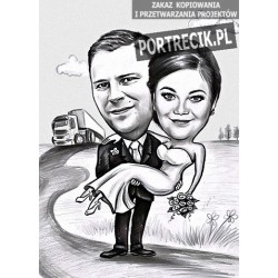Karykatura ślubna z ciężarówką