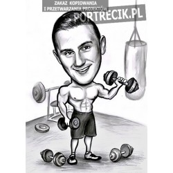 Karykatura ćwiczącego na siłowni z ciężarkami