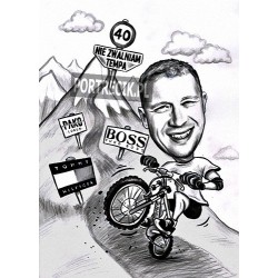 Karykatura rowerzysty MTB na czterdzieste urodziny