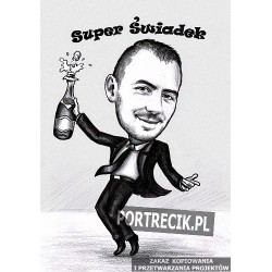 Karykatura świadka Super Świadek z butelką szampana