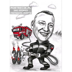 Karykatura strażaka z wozem strażackim
