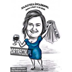Karykatura świadkowej trzymającej welon