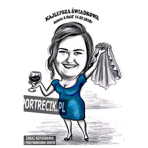 Karykatura świadkowej trzymającej welon