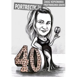 Karykatura kobiety na 40tkę z kieliszkiem wina