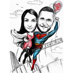 Karykatura pary superman i superwoman