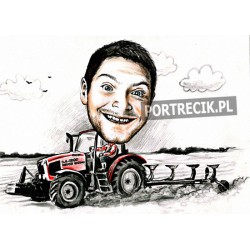 Karykatura rolnika z traktorem na polu
