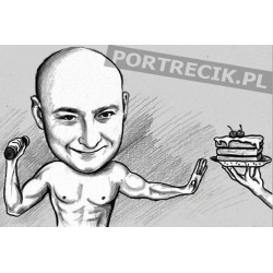 Karykatura kulturysty z ciastem