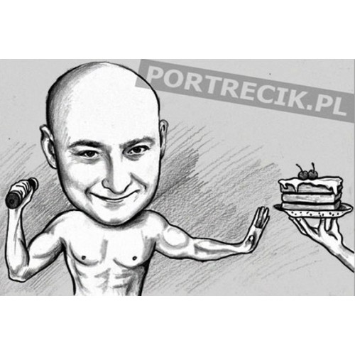 Karykatura kulturysty z ciastem