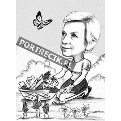 Karykatura kobiety w ogródku na działce