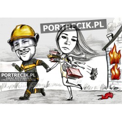 Karykatura strażaka i kobiety
