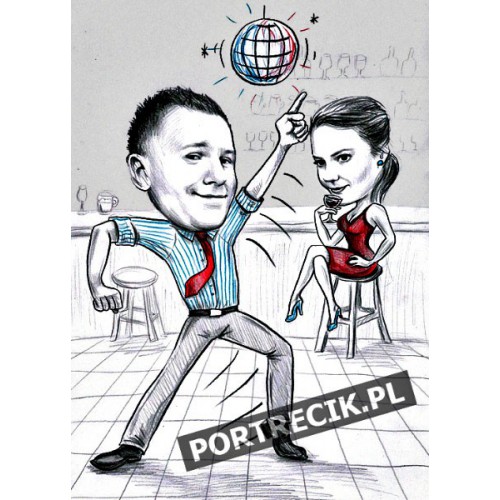 Karykatura pary na imprezie - tancerz na parkiecie