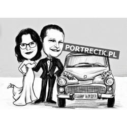 Karykatura ślubna z samochodem