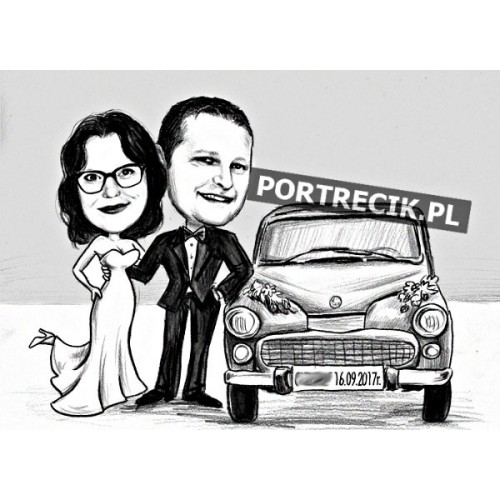Karykatura ślubna z samochodem