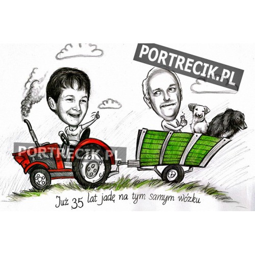 Karykatura Rolnicy z traktorem i psami