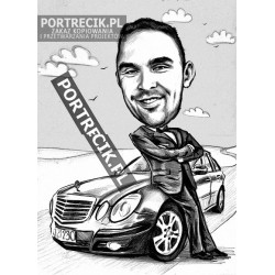 Karykatura mężczyzny przy aucie mercedes