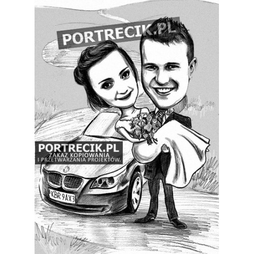 Karykatura ślubna z samochodem BMW