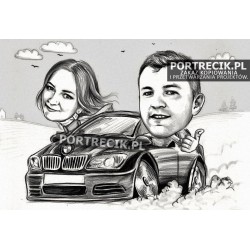 Karykatura pary w samochodzie BMW