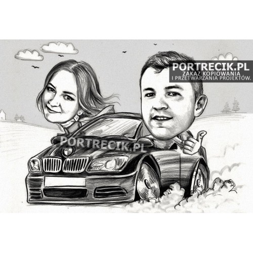 Karykatura pary w samochodzie BMW