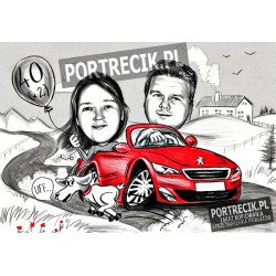 Karykatura pary w czerwonym Peugeot