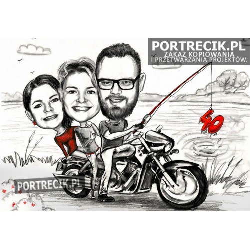 Karykatura 3 osób na motocyklu z wędką