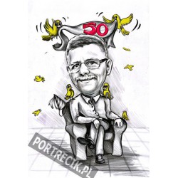 Karykatura mężczyzny w fotelu z kanarkami