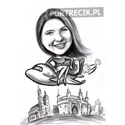 Karykatura podróżniczki na samolocie