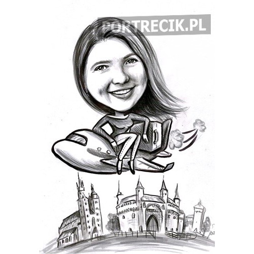 Karykatura podróżniczki na samolocie