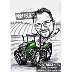 Karykatura rolnika na traktorze fendt