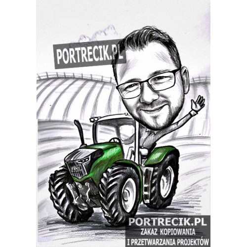 Karykatura rolnika na traktorze fendt