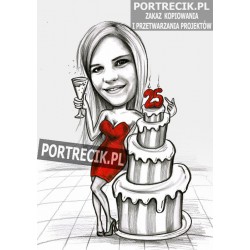 Karykatura urodzinowa z szampanem przy torcie