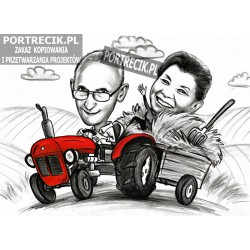 Karykatura dla rolnika - czerwony traktor i wóz z sianem