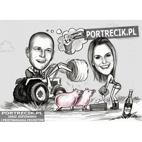 Karykatura pary na wsi z traktorem i świnkami