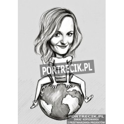 Karykatura kobiety siedzącej na kuli ziemskiej