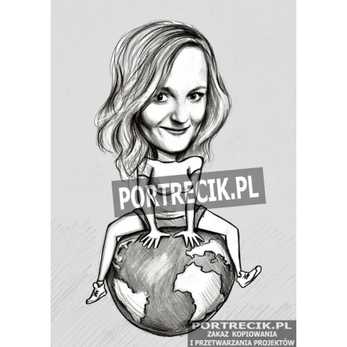 Karykatura kobiety siedzącej na kuli ziemskiej