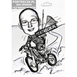 Karykatura motocyklisty na crossie z wędką