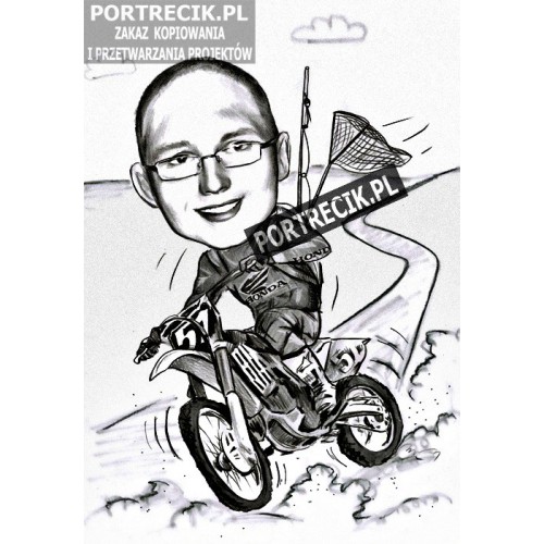 Karykatura motocyklisty na crossie z wędką