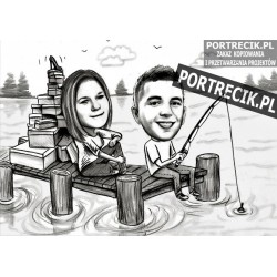 Karykatura pary wędkującej na pomoście
