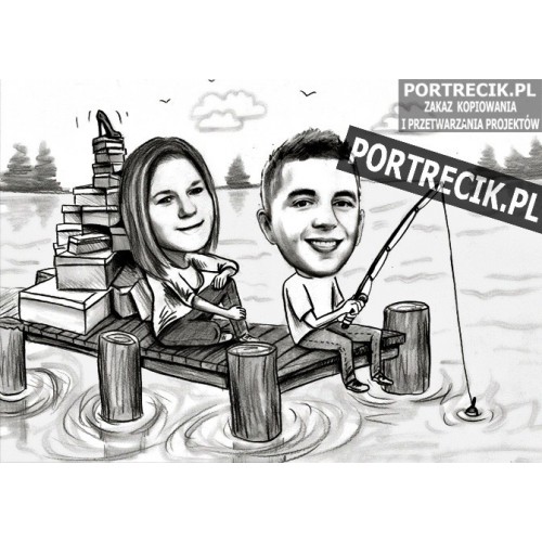Karykatura pary wędkującej na pomoście
