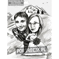 Karykatura ślubna pary w górach