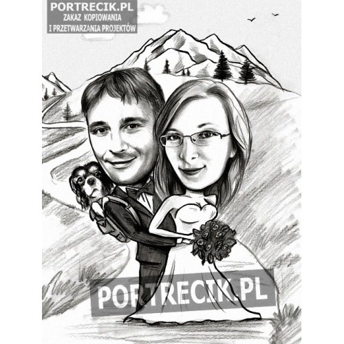 Karykatura ślubna pary w górach