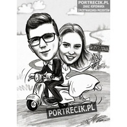 Karykatura pary młodej na skuterze