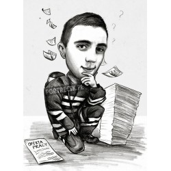 Karykatura strażaka przy stosie ofert pracy