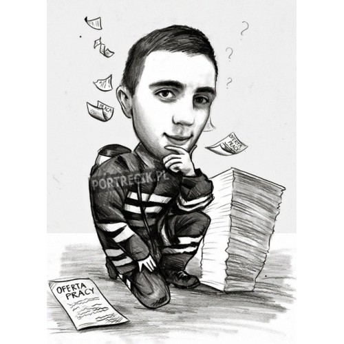 Karykatura strażaka przy stosie ofert pracy