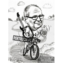 Karykatura rowerzysty z piwem i gitarą